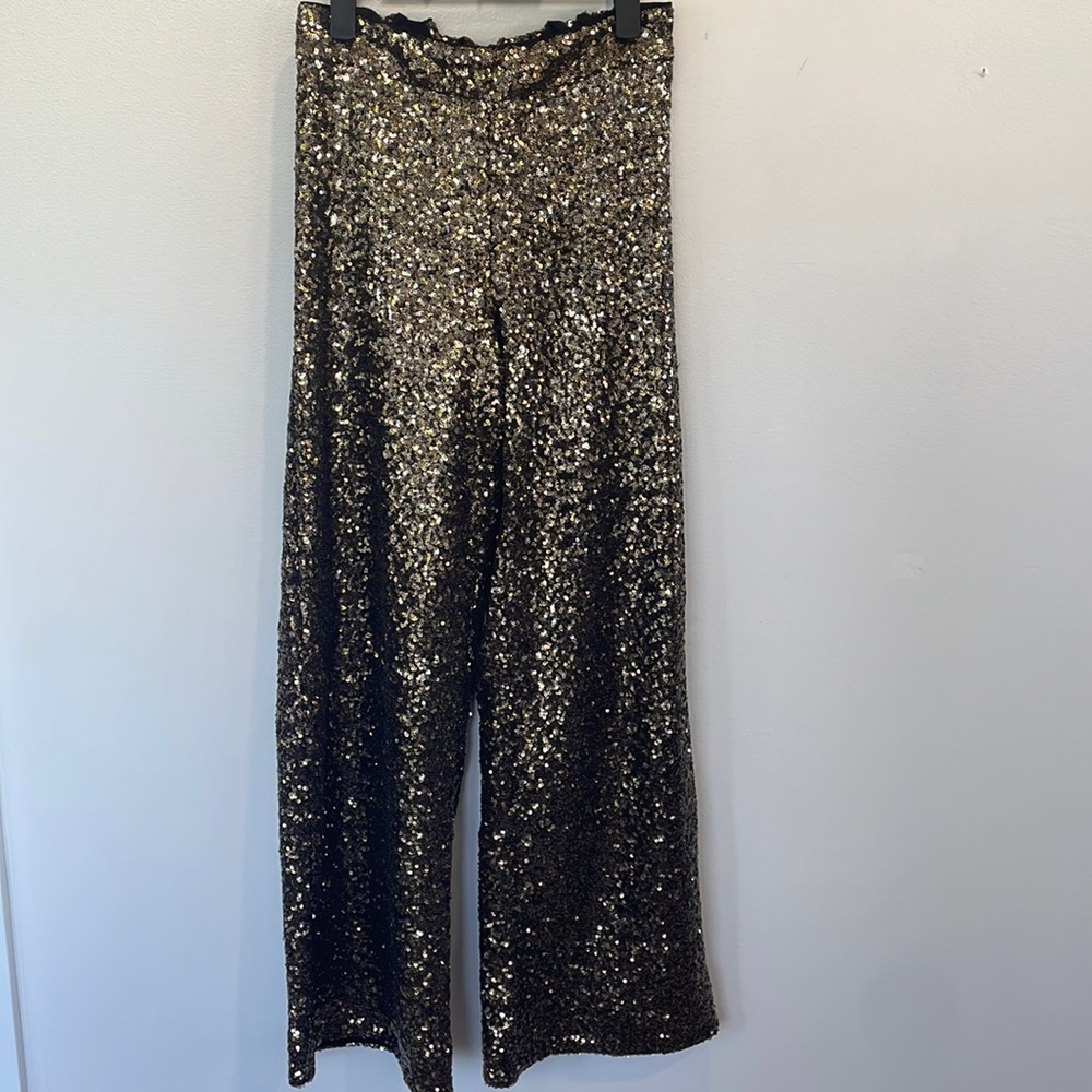 Banana Republic gold black sequin high waist party holiday wide leg pants XXSP